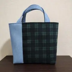緑と黒のチェック×デニム　ハンドメイドのシンプルなトートバッグ　サブバッグ