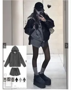 ビッグパーカー×ショートパンツスウェットセットアップ[pm488]