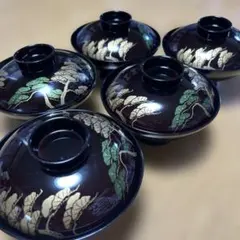 会津塗 漆器 金彩 蒔絵 蘭文様 蓋付きお吸物椀 5客 雑煮椀 汁椀 吸椀