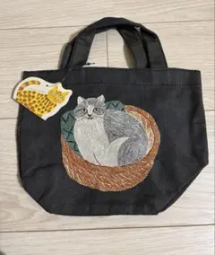 猫刺繍トートバッグ ダークグレー