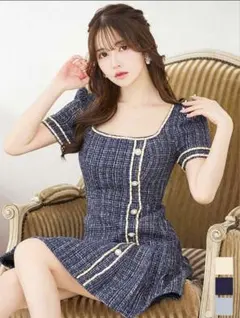 Jewelsネイビー ツイード風ドレス スクエアネック（M）