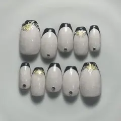 ✼•現品•✼ネイルチップ フレンチ ブラック ストーン リボン