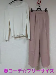 春コーデ☆リブニット＆くすみピンクのワイドパンツ　フリーサイズのサムネイル