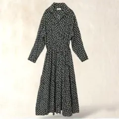 ローリーズファーム　長袖シャツワンピース　Aライン　M　ブラック　花柄　ロング丈