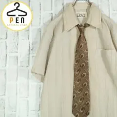 【ネクタイシャツ】 オープンカラーシャツ リネンブレンド 3Dストライプ M