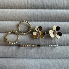 ボールモチーフ＆フラワーモチーフ ピアス・リング4点セット（ゴールド×シルバー）