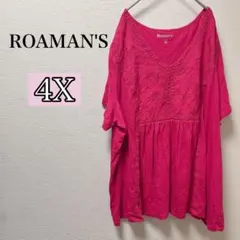 ROAMAN'S ピンク Vネック チュニック 【4X】 五分袖 派手 春夏