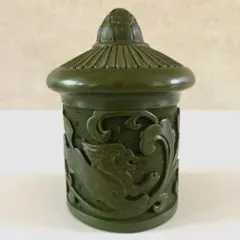 唐獅子 鹿 彫刻 木製 翡翠色 蓮のつぼみ 蓮華 ハス アンティーク 