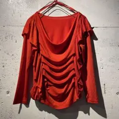 □ ストレッチブラウス　赤　フリル ドレープ