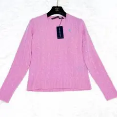 新品✨ラルフローレン　ケーブルニット　ホースロゴ　刺繍　Ｖネック　ウール　ピンク