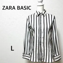 ザラベーシック　シャツ　ブラウス　ストライプ　長袖　コットン　綿　ホワイト　M