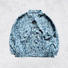 アート花柄 総柄ギャザーブラウス 金ボタン 短丈 レトロ Y2K 日本製