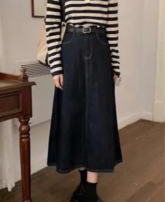 無地柄 腰ポケット ベルトなし デニムスカート　スカート　ロングスカート