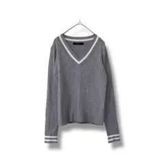 アズールバイマウジー　Vネック リブニット グレー S 配色 長袖 通勤　通学