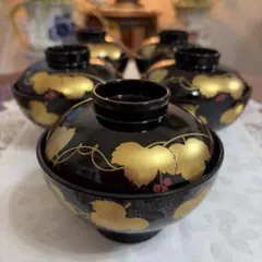 塗師 岡本陽斎 蒔絵 煮物椀 4客 共箱 秀衡椀 朱塗 吸物椀 菓子椀