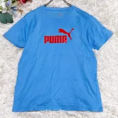 【PUMA】プーマ ロゴTシャツ(L)ブルー レッドロゴ 半袖 ユニセックス