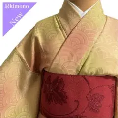 《6K62》小紋 着物 ピンク 黄緑 袷 正絹 対象身長～153㎝ 青海波