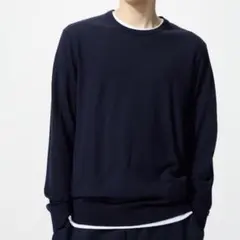 【定番】ユニクロ メリノクルーネックセーター L 紺ネイビー