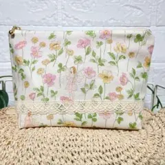 花と妖精　ボタニカル　春待つ花柄　ファスナーポーチ　裏地ラミネート