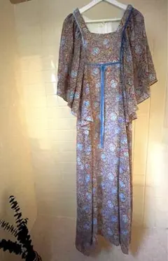 70年代 ロンドン ヴィンテージ バタフライ スリーブ マキシ ワンピース