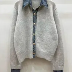 デニム襟 ボタンニットカーディガン オートミール【人気商品 在庫僅か】