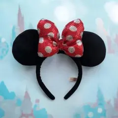 [公式]Disney ミニーマウスカチューシャ　赤リボン　スパンコール