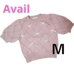 ピンク ニット　レディース　Ｍサイズ　リボン　アベイル　5分袖　Availのサムネイル