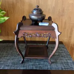 黒檀香炉スタンド 彫刻入り ダークブラウン　香炉お香立て付き