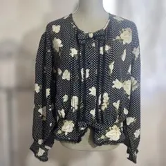 黒 ドット×クチナシ花柄 プリント レース リボン ブラウス 新品タグ付のサムネイル