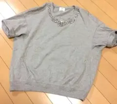 プラステPLST ビジュー付　半袖トレーナー　スウェット　グレー