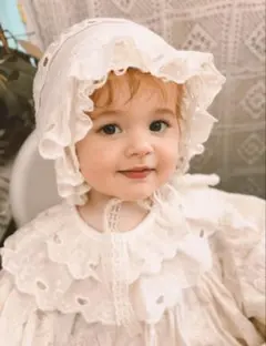 【新品】オフホワイト　ハート　レース　ボンネット　スタイ　ベビー　記念写真