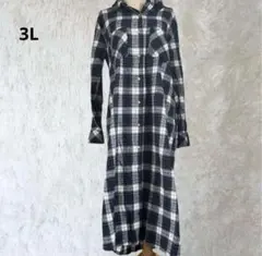 シャツワンピース　ブルーとグリーンのチェック柄　長袖　青色と緑色　3L