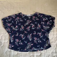 半袖トップス　花柄　ネイビー　フリーサイズ