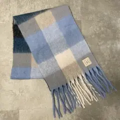 未使用に近い 美品 ブロック チェック フリンジ マフラー ブルー グレー 大判のサムネイル