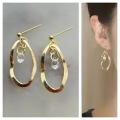 高品質⭐︎スワロフスキー　歪みサークル×多面カットチャーム　ハンドメイドピアス