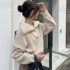 emmy ベージュ 白ニット　アイボリー　ハーフアップジップニット　韓国ニット