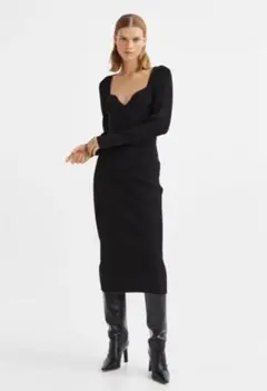 H&M リブニット　ミモレ丈ワンピース　ドレス　 ブラック ニットワンピースXS