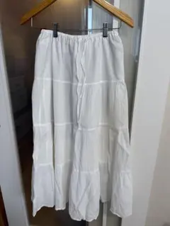 GU ティアードロングスカート S ホワイト フレア ウエストゴム
