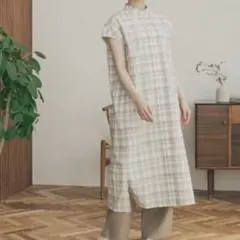 美品 FORK&SPOON　バンドカラーフレンチスリーブシャツワンピース