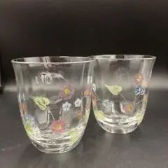 【未使用】ペアグラス　コップ　ガラス　花柄　レトロ　①