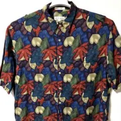 半袖シャツ 総柄シャツ アロハシャツ M L 赤青 葉柄 ビンテージシャツ