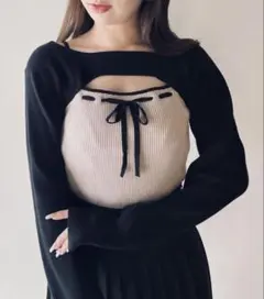 NOMAE　バイカラーリボンショートレイヤードニット