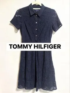 【トミーヒルフィガー】総レース 襟付きワンピース ネイビー 2(M)