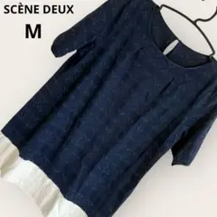 セーヌドゥ ネイビー ホワイト 半袖チュニック M レース 刺繍 レーヨン