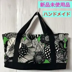 花柄トートバッグ 黒と緑 キャンバス製 ハンドメイドトートバッグ
