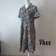 【1点物】レトロ　ミディ丈ワンピース　花柄　襟付き半袖　ヴィンテージ　古着女子