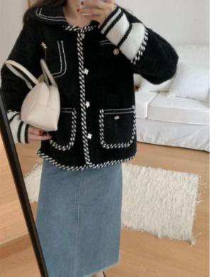 カーディガン レディース ニットカーディガン 秋冬 厚手 アウター 切り替え黒