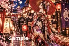 桜夜の着物美少女 デジタルアート ポストカード