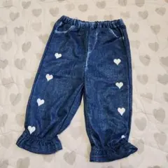 ベビー長ズボンデニム風ブルー ハート柄パンツ柔らか素材9-12M80サイズ位