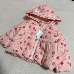 新品女の子向け 耳付きフード 中綿アウター ジャンパー80cm イチゴ柄